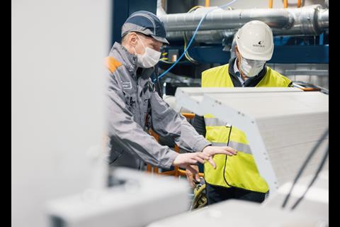 Kaj Portin (left) and Juha Kytölä at Wärtsilä's engine test cell in Vaasa. (Credit: Christoffer Björklund/Wärtsilä)